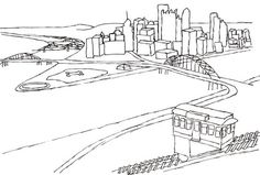 a black and white drawing of a train on the tracks in front of a city