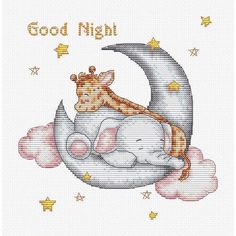 a cross stitch pattern with a baby giraffe sleeping on the moon, good night