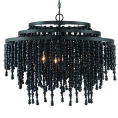 a black chandelier with beads hanging from it's center circle and two lights on each side