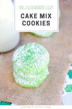 green and white cookies with the words st patrick's day cake mix cookies on top