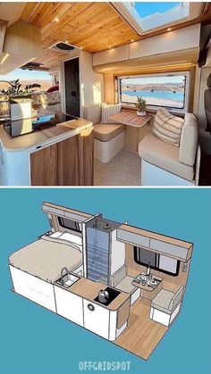 the inside and outside view of a camper with an open kitchen area in it