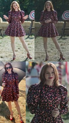 a woman in a floral dress and red heels posing for the camera with an umbrella