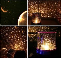 four different shots of stars in the night sky, with one candle lit up and the other open