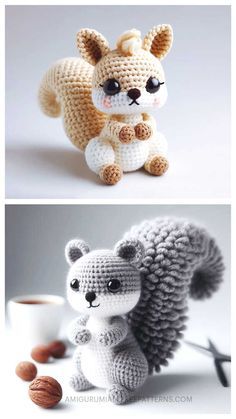 crocheted stuffed animals are shown in three different pictures, one is squirrel and the other is squirrel