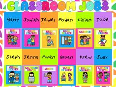 classroom jobs poster with colorful squares and children's names on them, all in different colors