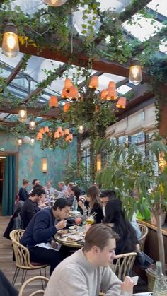 people sitting at tables in a restaurant with plants hanging from the ceiling and potted trees