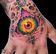 a person's hand with a colorful tattoo on it and an eye in the middle