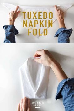 two photos showing how to fold tuxedo napkin folds