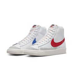 Nike Blazer Mid '77 Vintage 'White Blue Red' BQ6806-117 Blazer 77, Blazer Mid 77 Vintage, Basket Vintage, Nike Blazer Mid 77, Nike Blazer Mid, Nike Blazers Mid, Adidas Spezial, Vintage Sneakers, Cute Nikes