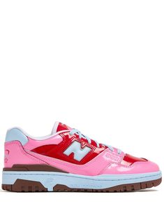 These New Balance 550 sneakers feature a bubblegum pink, bright red, and light blue leather color-block design with a patent finish. These low top sneakers feature an appliqué logo, a logo patch at the tongue, a branded heel counter, a round toe, a front lace-up fastening, a branded insole, a logo at the sole, and a ridged rubber sole. New Balance Y2k, Tlc Outfits, Zapatillas New Balance, Jeans For Girls, Sunflower Daisy, Sneakers Pink, Shoes For Summer, Tom Dixon, Girly Shoes