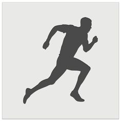 the silhouette of a running man is shown in black on a gray background with white border