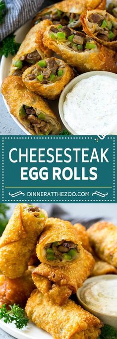 cheesesteak egg rolls on a plate with dip