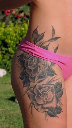 Rose Tattoo On Leg For Women, Rose Tattoo On Hip, Thigh Tattoo Ideas, Tattoo Ideas Inspiration, Tattoos Pinterest, Hip Thigh Tattoos, Cute Hand Tattoos, Beautiful Tattoos For Women, Thigh Tattoos