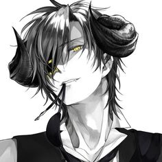 an anime character with black hair and horns on his head, looking to the side