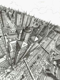 a drawing of a city with lots of tall buildings