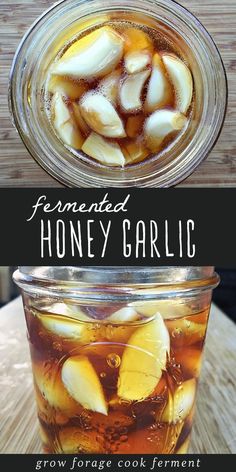 a jar filled with honey garlic next to a glass full of ice and lemons