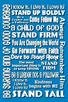 a blue poster with words written in white on the front and back of it's image