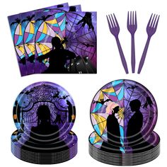 the silhouettes of two people are on plates and forks