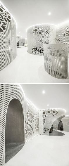 two photographs of the inside of a building with white walls and intricate designs on it