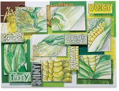 a collage of green and yellow art work