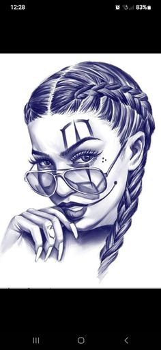 a drawing of a woman with glasses and braids on her head, looking at the camera