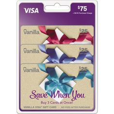 three small gift cards with bows on each one and the words save when you buy $ 75