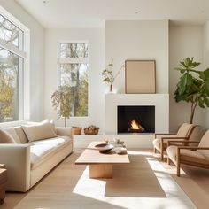 a living room filled with furniture and a fire place next to a large window on top of a hard wood floor