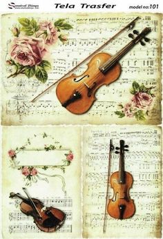 four pictures of violins and roses on top of an old sheet music album cover