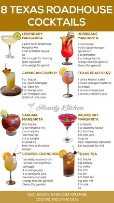 A colorful guide to 8 popular Texas Roadhouse cocktails, including the Jamaican Cowboy, Texas Peach Fuzz, and Cowgirl Quencher, with simple recipes for each drink How To Make Long Island Cocktail, Texas Roadhouse Drinks, Bloodymary Cocktail Recipe Easy, Western Dinner Party, Sangria Margarita Recipe, Long Island Cocktail, Travel Bar, Margarita Mix, Mix Drinks