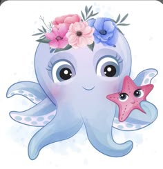 an octopus with flowers on its head and a starfish in the other's hand