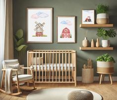 a baby's room with green walls and pictures on the wall