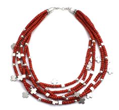 5 strands - hook clasp Rounded red coral beads with sterling silver rounded, square and cross accents Range from about 20" - 23" in length Red Coral Necklace, Beaded Necklace Patterns, Stick Earrings, Winter Inspired, Turquoise Cross, Rounded Square, Necklace Patterns, Coral Necklace, Hook Clasp