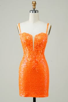 ZAPAKA Women Glitter Orange Tight Homecoming Dress with Beaded Spaghetti Straps Cocktail Dress Orange Hoco Dress, Classy Homecoming Dress, Orange Party Dresses, Orange Homecoming Dresses, Tight Homecoming Dress, Sequin Homecoming Dress, Corset Lace, Maxi Dress Prom, Short Homecoming Dress