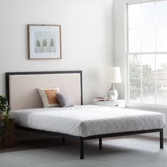 a bed sitting next to a window on top of a white carpeted floor in a bedroom