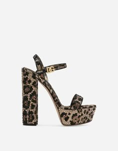 Leopard-print satin platform sandals with fusible rhinestones: Animal print 105-mm platform heel Printed kidskin insole with branded label Logo-print leather sole Item comes with a branded dust bag Made in Italy White Sandal, Woman Sandals, White Sandals Heels, Sandal Heels, Platform Heel