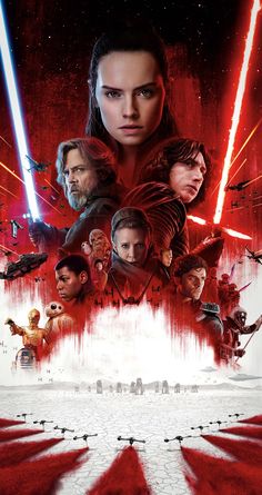 the poster for star wars the last jedi is shown in red and white with lights