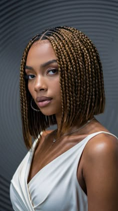 Bob-length knotless braids with chestnut highlights offer a chic and modern take on the traditional bob. The chestnut highlights add warmth and dimension to the braids, making this style perfect for those who prefer shorter lengths but still want a bit of color. This look is ideal for heart-shaped and oval faces, as the bob shape helps frame the face beautifully. Cute Small Box Braids Hairstyles, Cornrows For Black Women Natural Hair, Braids To Cover Bald Edges, Braided Bob Hairstyles For Black Women, Knotless Bob Braids, Trending Braid Styles, Braided Bob Box Braids, Braided Bob Hairstyles, Solange Braids