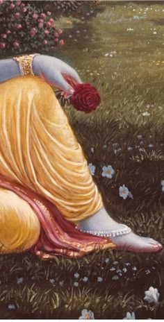 a painting of a woman kneeling down in the grass with a rose in her hand