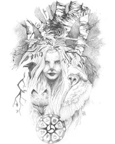 a pencil drawing of a woman with two cats on her head and an owl in the background