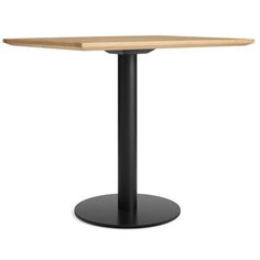 a round table with a black base and a wooden top on an isolated white background