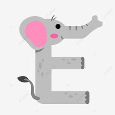 the letter e with an elephant's head sticking out of it, cartoon character, alphabet