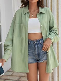 Green Shirt Outfits, Collar Details, Drop Shoulder Shirt, Green Shirt, Casual Style Outfits, College Outfits, White Style, Shirt Collar, Outfits Casuales