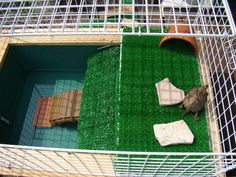 a caged area with grass and rocks in it