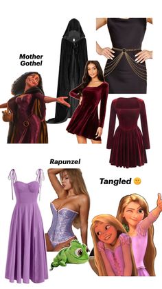 several different dresses and their names are shown in this graphic style, including one with long hair