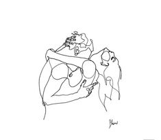 a black and white drawing of two people holding each other in the air with their hands