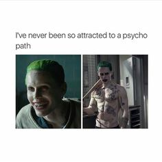 two pictures of the same person with green hair and tattoos on their chest, one is wearing