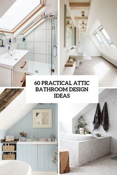 the bathroom is decorated in white and has skylights on the roof, while other pictures show