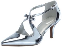 PRICES MAY VARY. The Bandolino Zeffer pump features sleek, curved lines with a kitten mid-heel and a pointed toe. The wish bone straps and bow detail adds a touch of fun. You'll want them in every color! Pointed Toe Buckle Closure 2.4" Heel Height Wish Bone, Shoe Image, Silver Pumps, Every Color, Curved Lines, Silver Shoes, Luxury Store, Mid Heel, Bow Detail