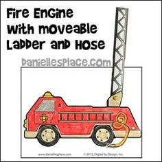 a fire engine with moveable laper and hose is shown in this coloring page