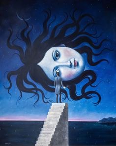 a painting of a woman standing on top of a stair case next to a man